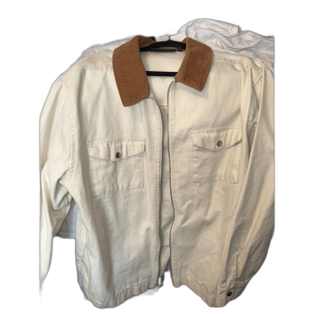 Men's L Beige Bomber Jacket Corduroy Collar No Boundaries Large Zipper Coat